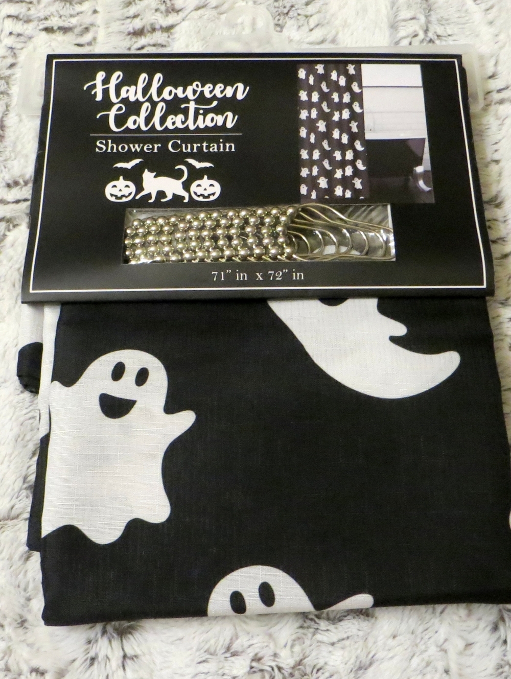 Halloween Ghost Black White Fabric Shower Curtain Set With Silver Hooks New